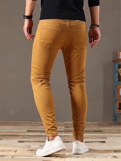 Men's denim stretch bike-style pants, casual stretch denim pants for men, dark blue with belt loops and front pockets.