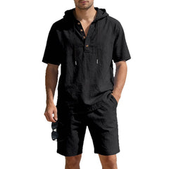 Men's breathable linen casual set with hood, loose fit, comfortable for everyday wear, featuring lightweight linen fabric.