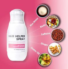 Hair growth spray for follicle nourishment and growth, featuring a spray bottle with clear liquid for hair health.
