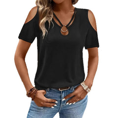 Women’s loose-fit cross-over V-neck off-the-shoulder short-sleeve T-shirt, stylish and comfortable women’s shirt from My Store.