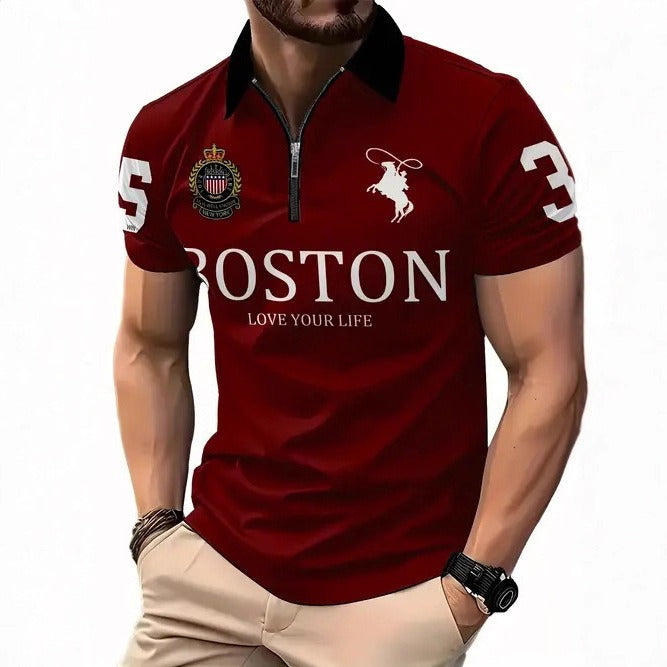 Men's 3D digital print zip-up polo shirt in vibrant design, featuring a modern style and comfortable fit.
