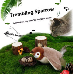 Flapping bird cat toy with colorful feathers and moving wings designed to entertain cats and stimulate their hunting instincts.