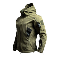 Men's outdoor Sharkskin softshell jacket in dark color, showing front view with zipper and high collar for outdoor activities.