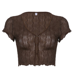 Women's V-neck hollow cardigan T-shirt by My Store, featuring a careful machine-fungus edge design and short temperament style.
