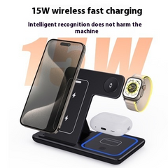 Foldable 3-in-1 LED wireless charger stand with multiple charging ports and sleek design for fast smartphone, watch, and earbud charging