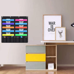 Hanging file holder organizer rack with 10 file pockets and 10 supply pockets for office or home organization.