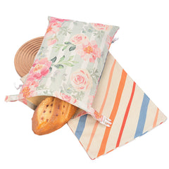 Cotton linen bread bag with drawstring closure, designed for storing and keeping bread fresh, natural fabric with simple design.
