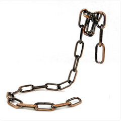 Metal suspension chain wine rack holder with hooks for hanging wine bottles, sturdy and stylish for kitchen or bar storage.