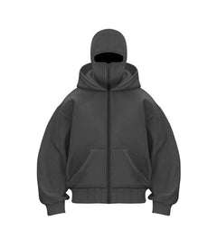 Men's hooded zip-up baseball jacket in navy with front pockets, made by My Store, shown on a hanger.