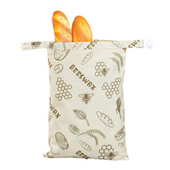 Cotton linen bread bag with drawstring closure, reusable storage for fresh bread, featuring natural beige fabric and simple design.