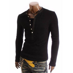Men's British Style V-neck T-shirt by My Store, close-up of navy blue V-neck casual tee on model.