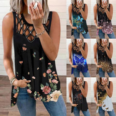 Women's sleeveless vest t-shirt with hollowed-out and drilled print design, featuring a stylish cut and modern print pattern.