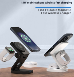 3-in-1 foldable wireless charger by My Store showing a compact design with multiple charging pads for smartphones and accessories.