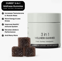 Shilajit 3-in-1 gummies for men in a clear jar, showing black and brown gummies with natural ingredients in the background.