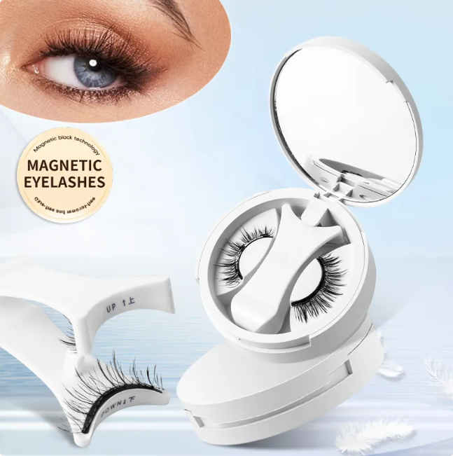 Magnetic eyelash set with four pairs of reusable false eyelashes, designed for easy magnetic application and natural look.