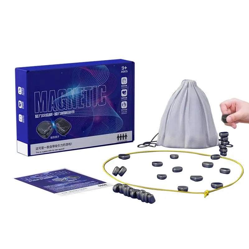 Magnetic chess board game with black and white pieces, featuring a portable, foldable design for strategic play.