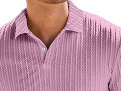 Colorful men's knitted polo shirt in summer candy shades, featuring a classic polo collar and short sleeves.