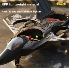 Lightweight foam RC fighter jet for kids with blue and white design, remote control, and aerodynamic wings.