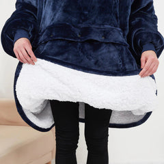 Heated hoodie blanket in soft fabric featuring a hood and control buttons, designed for warmth and comfort.