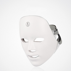 LED therapy face mask for skin rejuvenation, with multiple colorful light panels on a sleek black mask.