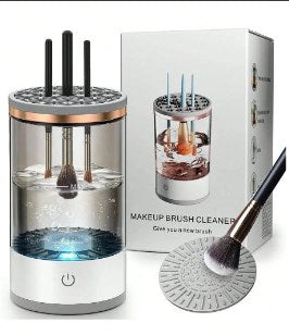 Automatic rechargeable makeup brush cleaner from My Store, showing the compact device and brush cleaning in action.