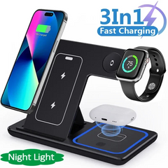 3-in-1 LED wireless charger stand from My Store, foldable charging station for fast phone, watch, and earbuds charging.