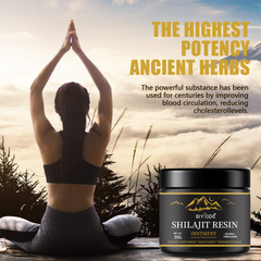 Natural pure Shilajit resin in a 30g jar, showcasing the dark, sticky substance with a textured surface.
