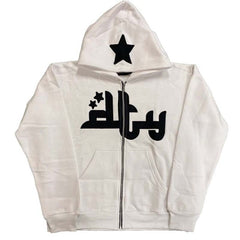 Star printed zip-up hoodie from My Store, featuring a front zipper, hood, and star pattern design on soft fabric.