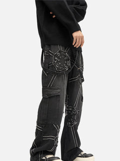 Dark blue Spider Denim Pants by My Store featuring slim fit and classic five-pocket design.