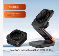 Wireless charger with 3-in-1 folding design for charging smartphones, earbuds, and smartwatch, compatible with multiple devices.