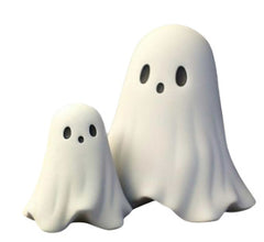 White Halloween ghost ornament with spooky face and flowing fabric, perfect for festive Halloween home decor.