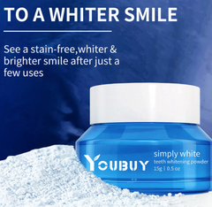 Teeth whitening brightening powder in a clear jar with a scoop, showcasing the My Store brand and white powder inside.