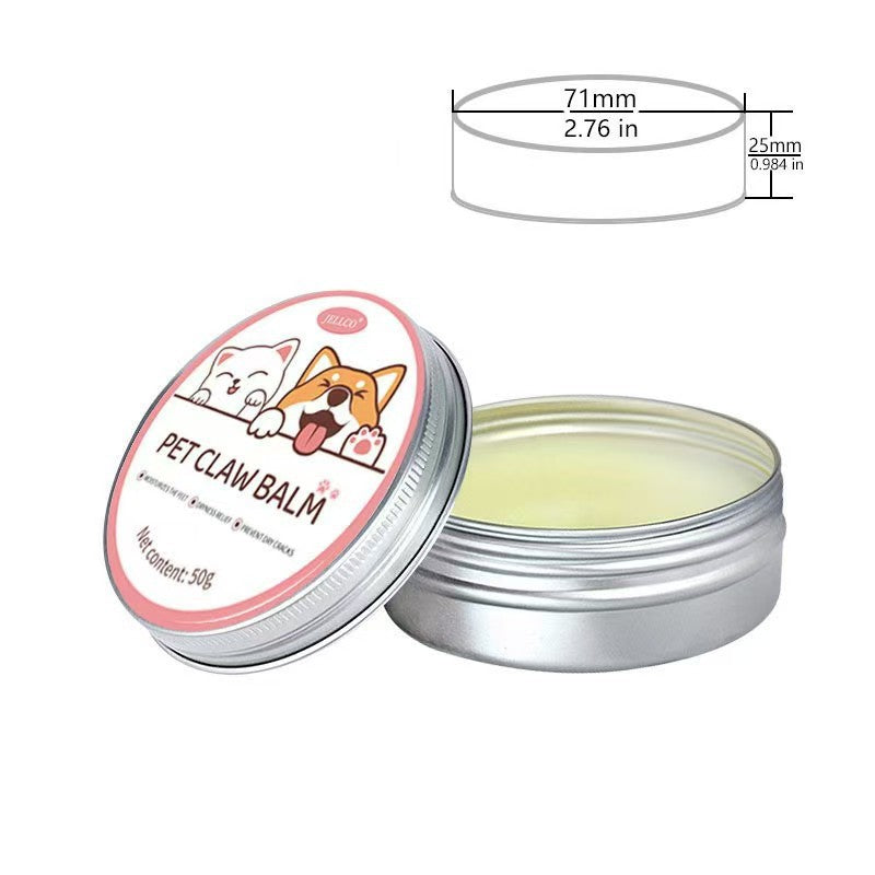 Dog paw and claw care cream in a 50g jar, featuring a natural formula to soothe and protect pet's paws and claws.