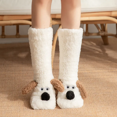 Women’s plush dog socks featuring colorful dog patterns and soft, cozy fabric for comfortable wear.