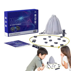 Magnetic chess board game with black and white pieces, featuring a foldable design for portable play and strategic gameplay.