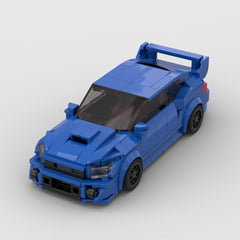 Red Subaru WRX STI sports car parked on city street with sleek design and sporty features.
