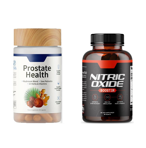 Nitric Oxide and Saw Palmetto capsule set from My Store, showing the bottles and capsules in a natural setting.