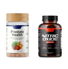 Capsule set featuring Nitric Oxide and Saw Palmetto supplements in white capsules, designed for health support.