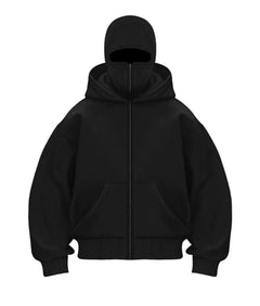 Men's hooded zip-up baseball jacket with front pockets, black color, and athletic fit, by My Store.