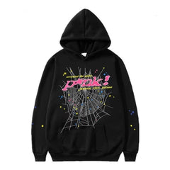 Black hoodie featuring white spider letter prints, made by My Store, with a front view showing the detailed graphic design.