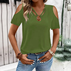 Women’s loose-fit cross-over V-neck off-the-shoulder short-sleeve shirt by My Store, shown in a relaxed fit with stylish neckline.