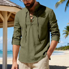 Mens casual long-sleeve linen Henley shirt in a natural fabric, shown as part of a linen casual set, featuring a buttoned neckline.