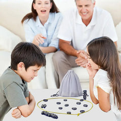 Magnetic chess board game with black and white pieces on a wooden board, designed for portable strategic play.