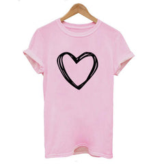 Women’s short sleeve heart print T-shirt by My Store, loose fit summer casual tee, featuring a stylish O neck design.