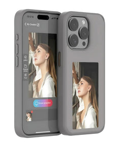 E-Ink phone case with customizable display on a smartphone, featuring a sleek black design and digital screen.