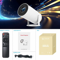 My Store HY300 Pro home theater projector displaying a vibrant movie scene on a wall with colorful visuals.
