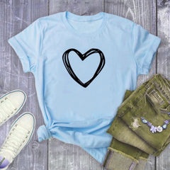 Women’s short sleeve heart print T-shirt with O-neck, loose fit, summer casual tee from My Store, featuring a fun heart pattern.