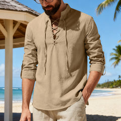 Men's casual long-sleeve linen Henley shirt in a relaxed fit, displayed as part of a linen casual set.