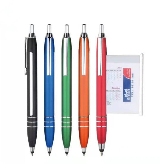Metal ballpoint pen from My Store with sleek silver finish and smooth writing tip, shown resting on a white surface.