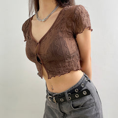 Women's Perspective V-neck hollow cardigan T-shirt with short sleeves, featuring a careful machine-fungus edge design and stylish all-match look.